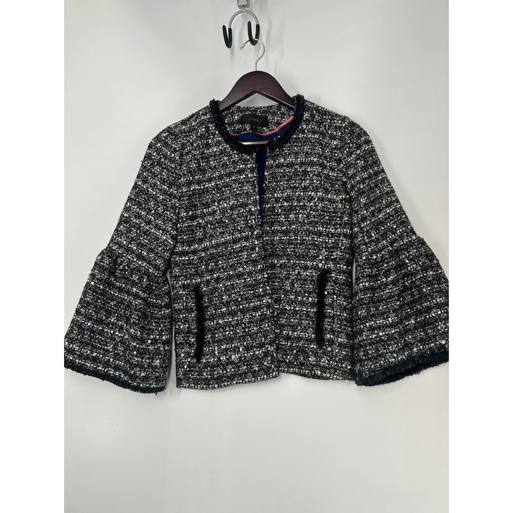 J. Crew Textured Black White And Silver Cropped Jacket With Belle Sleeves Size00